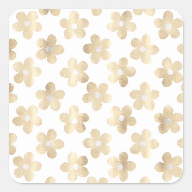 Retro White Gold Daisy Blume Quadratischer Aufkleber (Vorderseite)
