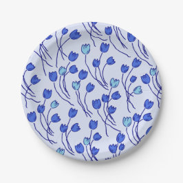 Retro-Wiesen-Skizzenhafte Blumenparty Blau Delft Pappteller