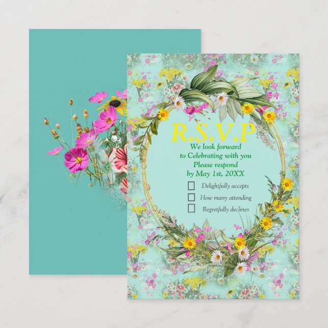 Retro-Wiesenfeld-Blume RSVP Karte (Vorne/Hinten)