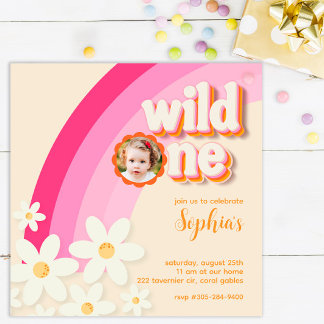 Retro Wild One Daisy Pink Foto Einladung | Boho