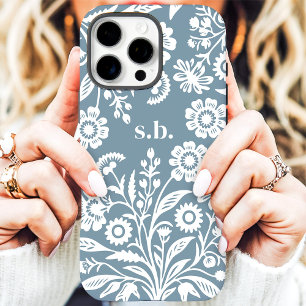 Retro Wildblume Dusty Blue Floral Monogramm iPhone 16 Pro Max Hülle