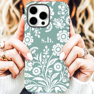 Retro Wildblumen Staubiges Türkis Blumen Monogramm iPhone 16 Pro Max Hülle