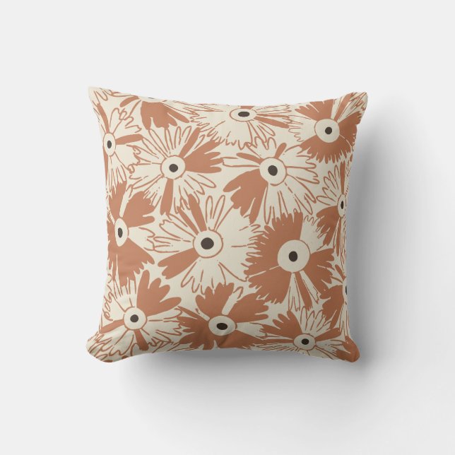 Retro Wildflower & Diamond Grid Reversible Brown Kissen (Vorderseite)