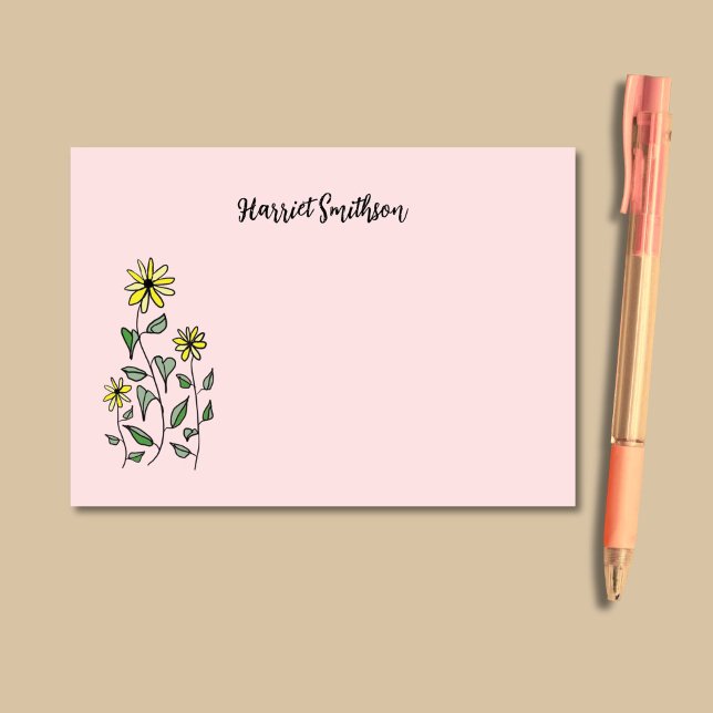 Retro Wildflowers Personalized Pink Botanical Post-it Klebezettel (On this girly Post-It notes pad, yellow wildflowers pop against a background of soft petal pink.)