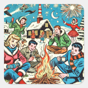 Retro Winter Comic Quadratischer Aufkleber