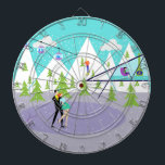 Retro Winter Ski Resort Dart Board Dartscheibe<br><div class="desc">Dieses Retro Winter Ski Resort Dart Board hat für jeden etwas. Der malerische Cartoon zeichne mit einer schneebedeckten Bergkette mit grünen Zedern. Ein einsamer Skifahrer, der rot, orange und königsblau trägt, kann den höchsten Berg hinabschwingen. Im türkisblauen Himmel fällt weiterhin Schnee von Wolken. Wir können die Silhouetten glücklicher Menschen sehen,...</div>