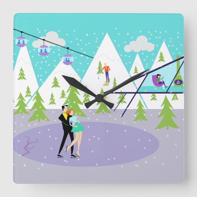 Retro Winter Ski Resort Wall Clock Quadratische Wanduhr (Vorderseite)
