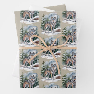 Retro-Winter-Wolf-Aquarell 90er-Wildnis Natur Geschenkpapier Set