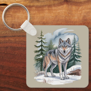 Retro-Winter-Wolf-Aquarell 90er-Wildnis Natur Schlüsselanhänger
