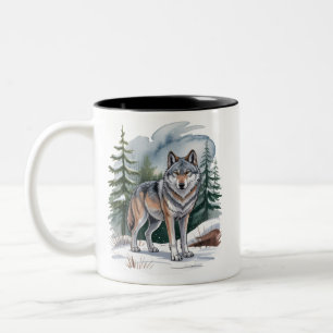 Retro-Winter-Wolf-Aquarell 90er-Wildnis Natur Zweifarbige Tasse