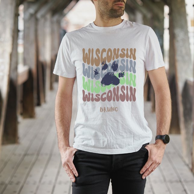 Retro Wisconsin Dog Paw T - Shirt (Wisconsin dog dads...personalize your shirt and show off your favorite four legged friend!)