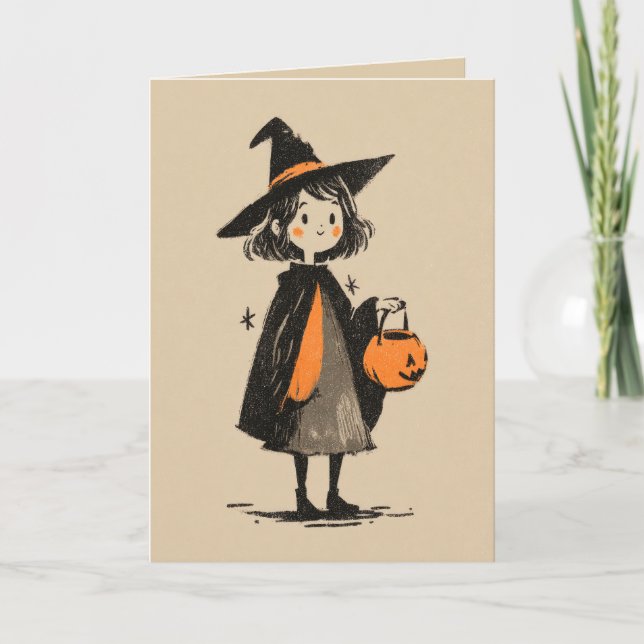 Retro Witch Illustration Spooky Niedlich Halloween Karte (Vorderseite)