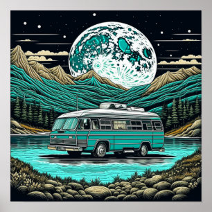 Retro-Wohnmobil-Camper in den Bergen in Türkis Poster