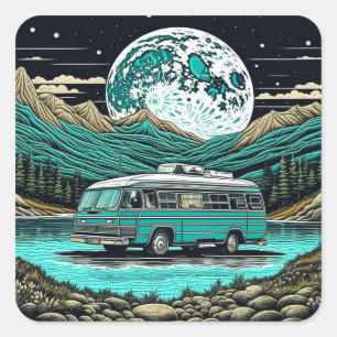 Retro-Wohnmobil-Camper in den Bergen in Türkis Quadratischer Aufkleber