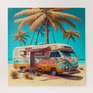 Retro-Wohnmobil und Palmen