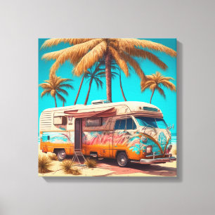 Retro-Wohnmobil und Palmen Leinwanddruck