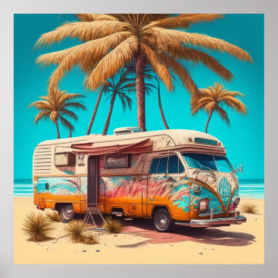 Retro-Wohnmobil und Palmen Poster