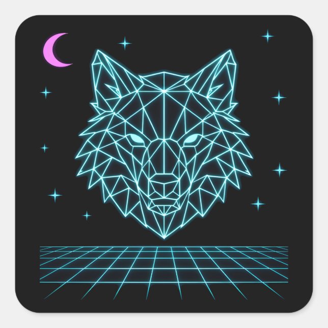 Retro Wolf Synthwave - Neon Night Howler Quadratischer Aufkleber (Vorderseite)