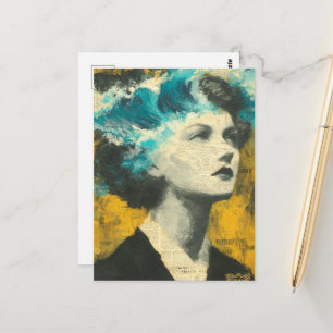Retro Woman Brain Waves Mixed Media Collage Postkarte