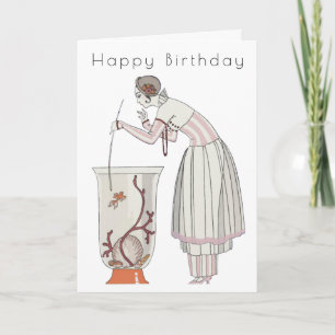 Retro Woman Fish Bowl Art Déco Carte d'anniversair