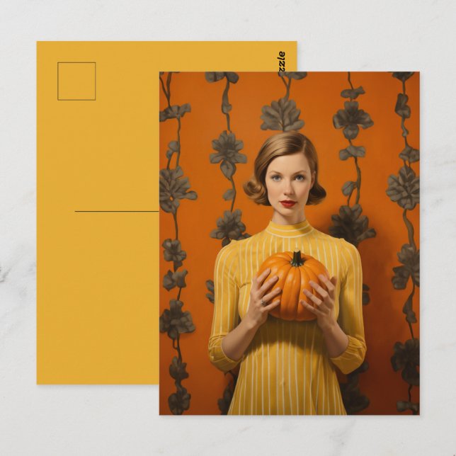 Retro Woman Holding Pumpkin Postkarte (Vorne/Hinten)