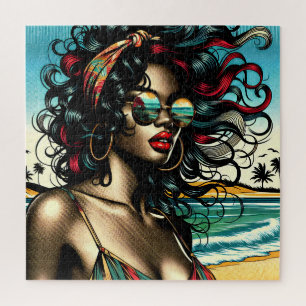 Retro Woman on Beach Comic Style Pop Art