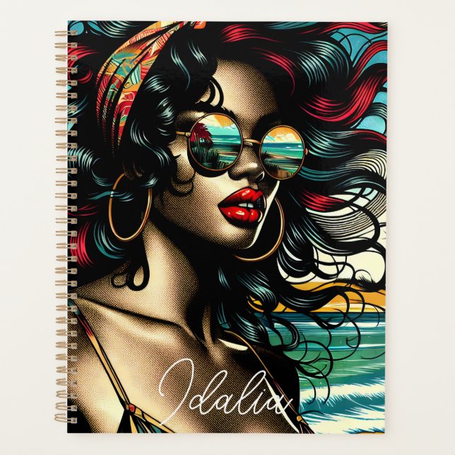 Retro Woman on Beach Comic Style Pop Art Planer (Vorderseite)