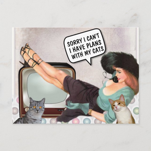 RETRO WOMAN SORRY CAN'T PLÄNE WITH CATS POSTCARDS POSTKARTE (Vorderseite)