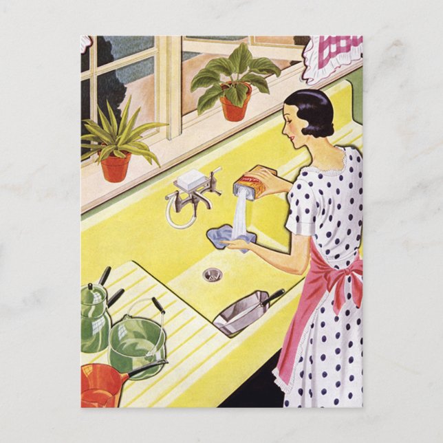 Retro Woman Washing Geschirr Postkarte (Vorderseite)
