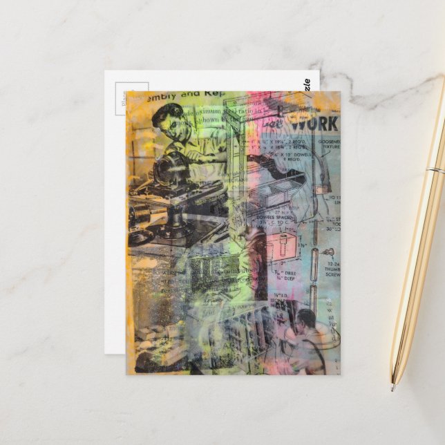 Retro Woodworking Men Mixed Media Collage  Postkarte (Vorderseite/Rückseite Beispiel)
