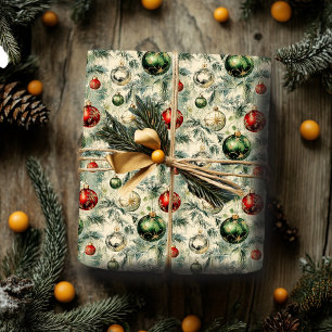 Retro Wrapping Paper Green and Red Ornaments Geschenkpapier