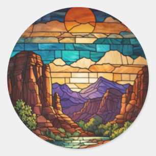Retro-Wüsten-Szene Sedona Berge Glasmalerei Runder Aufkleber
