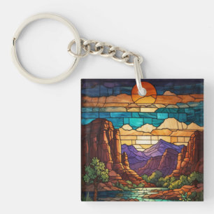 Retro-Wüsten-Szene Sedona Berge Glasmalerei Schlüsselanhänger