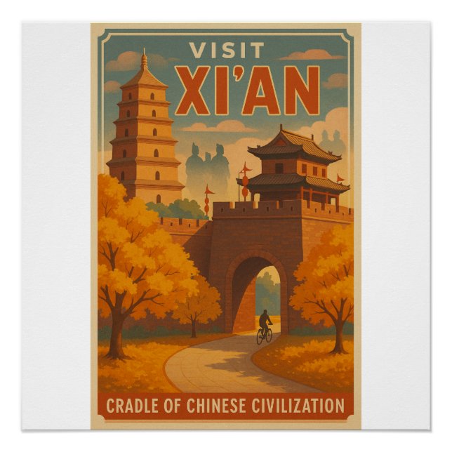 Retro Xi’an Travel Poster - Alte China Kunst, Dich (Vorderseite)
