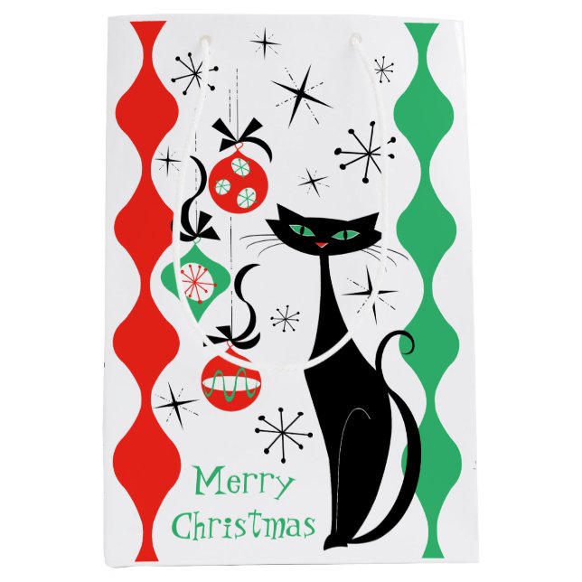 Retro Xmas Cat Stripe Frohe Weihnachten Mittlere Geschenktüte (Vorderseite)