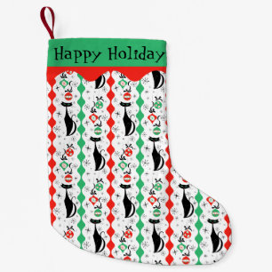 Retro Xmas Cat Stripe Multi Happy Feiertage 2 Seit Kleiner Weihnachtsstrumpf