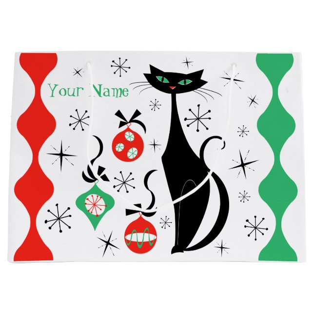 Retro Xmas Katzenstrichname Große Geschenktüte (Vorderseite)