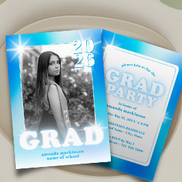 Retro Y2K Cyber Blue Neon Graduation Photo Party Einladung