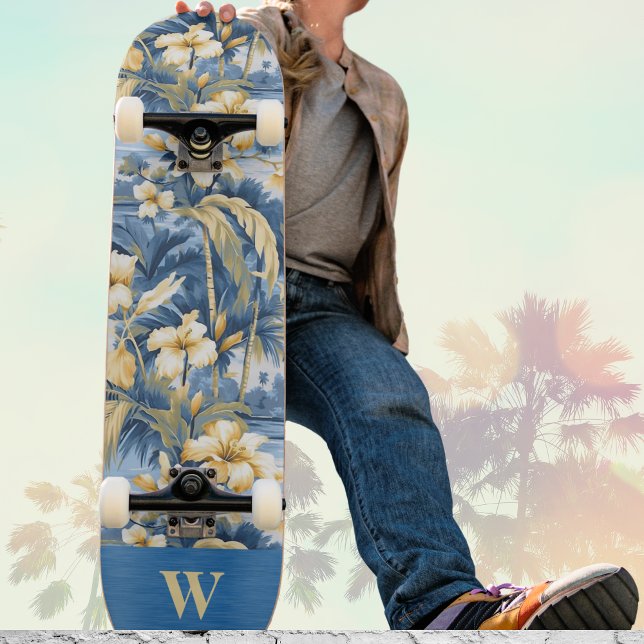 Retro Yellow Blue Floral n Tropical Palms Initial  Skateboard (Von Creator hochgeladen)
