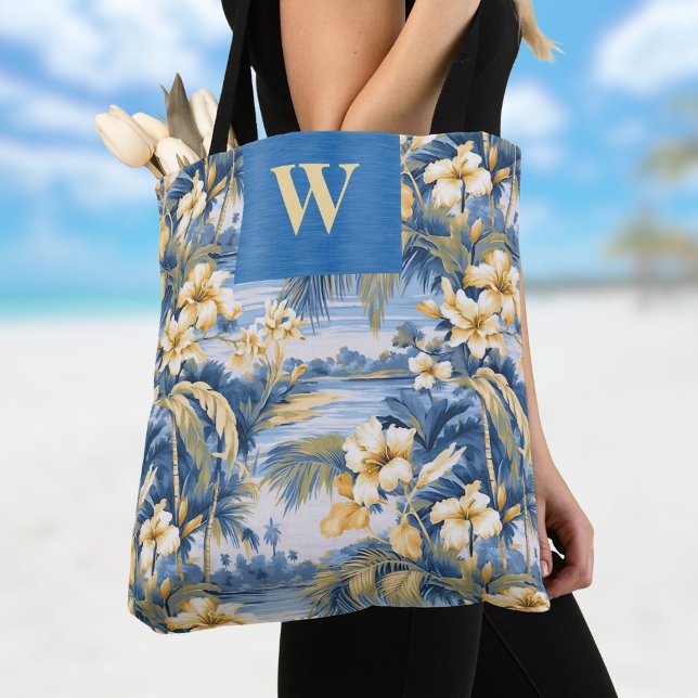 Retro Yellow Blue Floral n Tropical Palms Initial  Tasche (Von Creator hochgeladen)