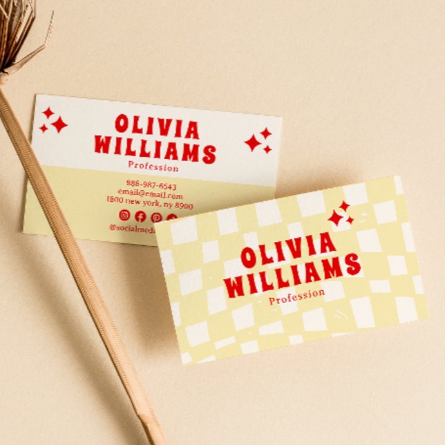 Retro Yellow Bold Groovy Checkered Funky Trendy Visitenkarte (Von Creator hochgeladen)
