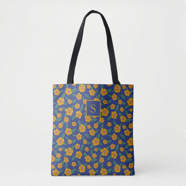 Retro Yellow Flowers Muster Monogram Navy Tasche (Vorderseite)