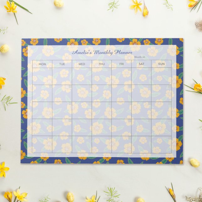 Retro Yellow Flowers Navy Monthly Name Notizblock (Von Creator hochgeladen)