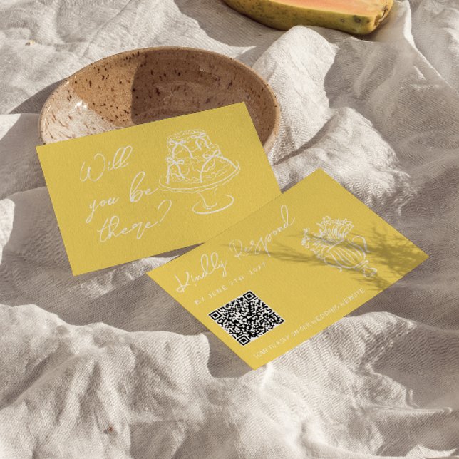 Retro Yellow Hand Drawn Floral QR Code Wedding  RSVP Karte (Von Creator hochgeladen)