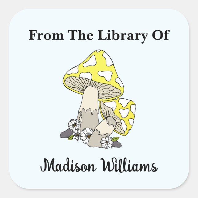 Retro Yellow Mushroom Book Label Quadratischer Aufkleber (Vorderseite)