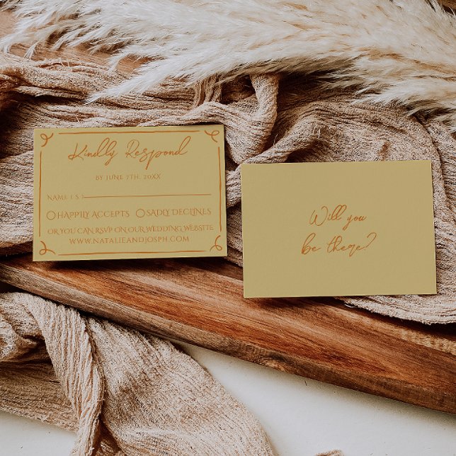 Retro Yellow Orange Hand Written Drawn Wedding RSVP Karte (Von Creator hochgeladen)