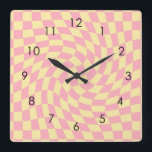 Retro Yellow Pink Check Warped Checkered Dorm Quadratische Wanduhr<br><div class="desc">Perfect warped checkered design pillow in pastel colors,  full of great vibes. Modern warped checkers pattern. This nice retro psychedelic design takes you to the wonderland. Warped checks in pastel colors. Twirl and swirl checks,  checkered pastel pattern</div>