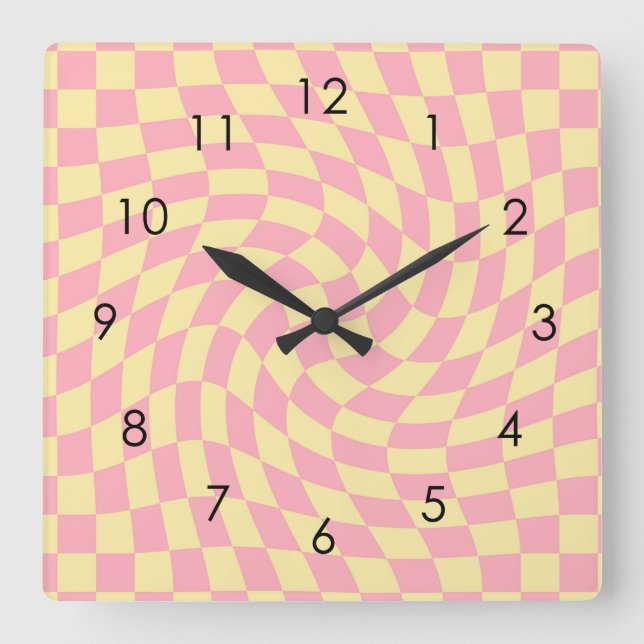 Retro Yellow Pink Check Warped Checkered Dorm Quadratische Wanduhr (Vorderseite)