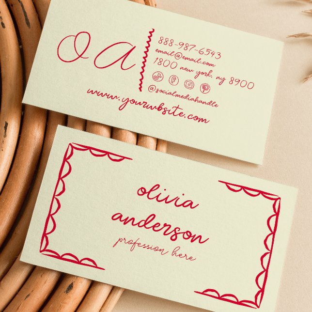 Retro Yellow Red Handgeschriebene, Quirky Girly Ge Visitenkarte (Von Creator hochgeladen)