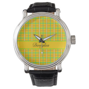 Retro Yellow und Blue Douglas Tartan, kundenspezif Armbanduhr